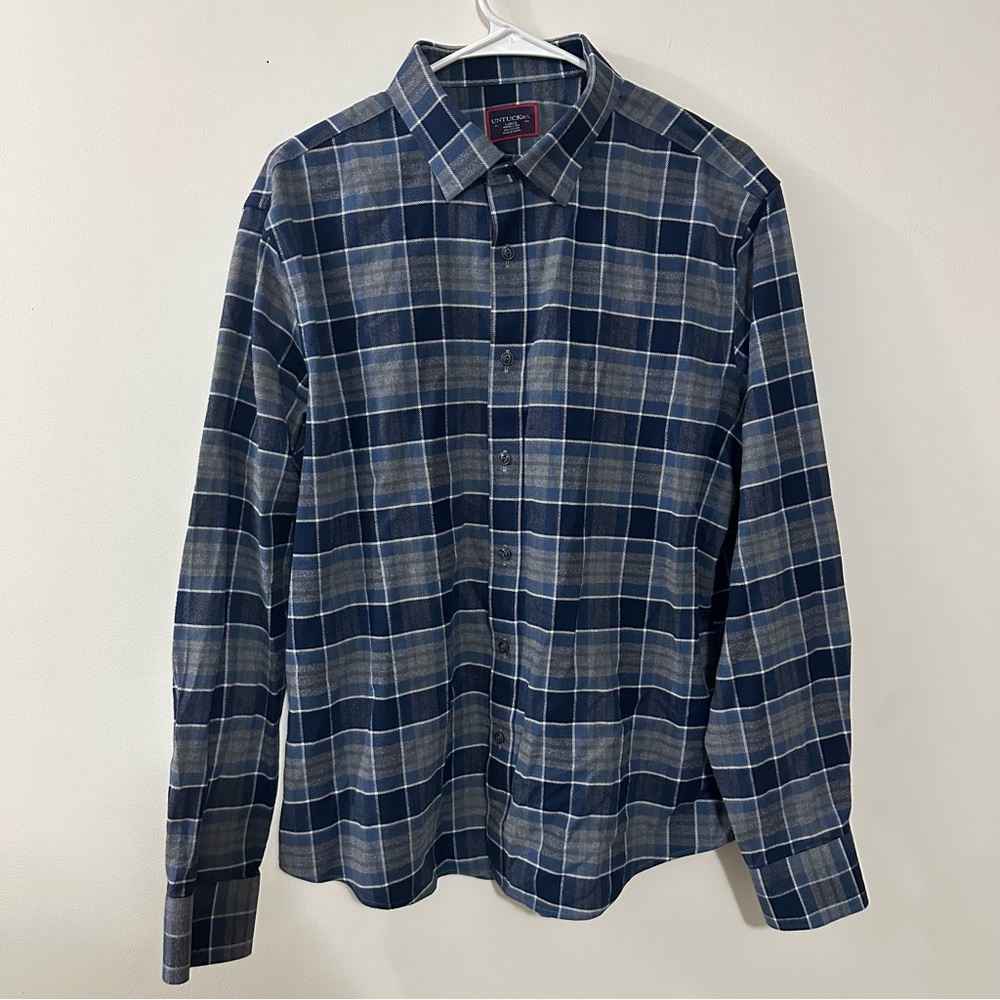UNTUCKit Sonoran WF Button Up Long Sleeve Shirt Mens Sz Large Blue Plaid Flannel - Picture 1 of 7